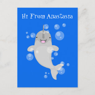 Cute happy narwhal bubbles cartoon illustratie briefkaart