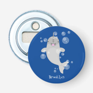 Cute happy narwhal bubbles cartoon illustratie button flesopener
