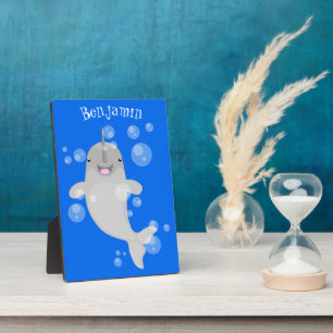 Cute happy narwhal bubbles cartoon illustratie fotoplaat