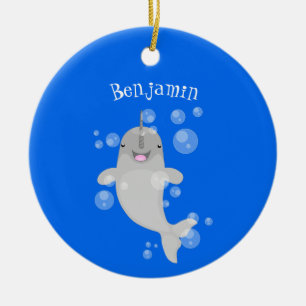 Cute happy narwhal bubbles cartoon illustratie keramisch ornament