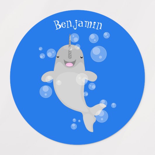Cute happy narwhal bubbles cartoon illustratie labels (Design 2)