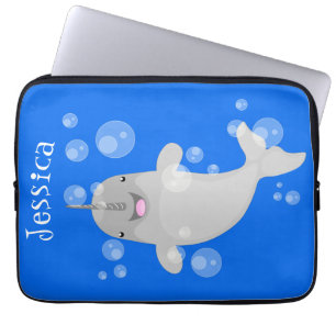 Cute happy narwhal bubbles cartoon illustratie laptop sleeve