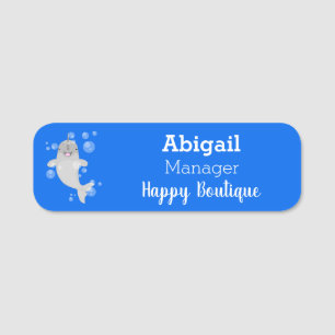 Cute happy narwhal bubbles cartoon illustratie naamplaatje