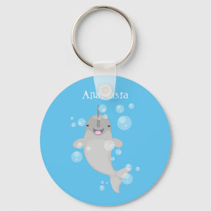 Cute happy narwhal bubbles cartoon illustratie sleutelhanger