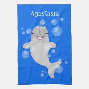 Cute happy narwhal bubbles cartoon illustratie theedoek