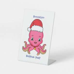 Cute happy octopus met kerstpet cartoon reclamebord met voetstuk