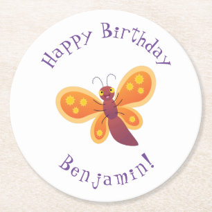Cute happy orange butterfly cartoon illustraties ronde kartonnen onderzetter