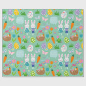 Cute Happy Paaster Bunny Eggs Spring Flowers Cadeaupapier (Vlak)