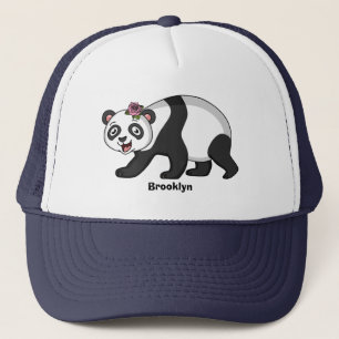 Cute happy panda beer met cartoon trucker pet