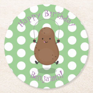 Cute happy potato springtouw cartoon ronde kartonnen onderzetter