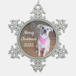 Cute Happy Puppy Dog met roze handschoen Tin Sneeuwvlok Ornament