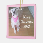 Cute Happy Puppy Dog met roze plein rood Keramisch Ornament (Links)