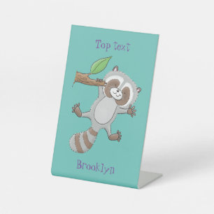 Cute happy raccoon baby illustratie reclamebord met voetstuk