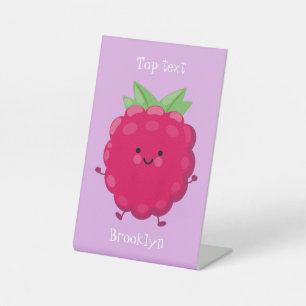 Cute happy raspberry cartoon illustratie reclamebord met voetstuk