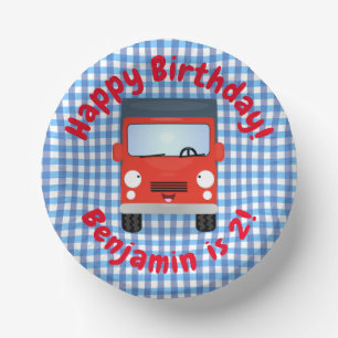 Cute happy red truck cartoon illustratie papieren kommen