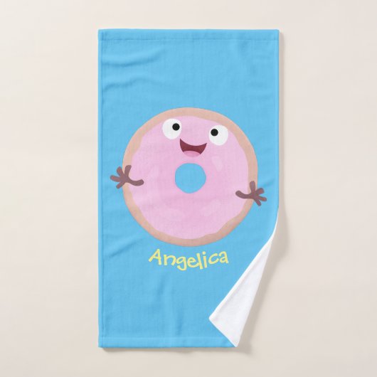 Cute happy roze glaasje donut cartoon bad handdoek (Handdoek)