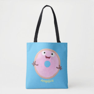 Cute happy roze glaasje donut cartoon draagtas