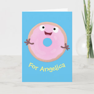 Cute happy roze glaasje donut cartoon kaart