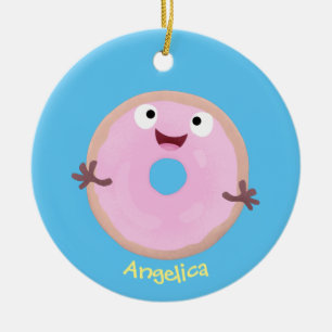 Cute happy roze glaasje donut cartoon keramisch ornament