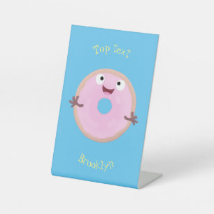 Cute happy roze glaasje donut cartoon reclamebord met voetstuk
