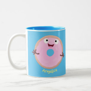 Cute happy roze glaasje donut cartoon tweekleurige koffiemok