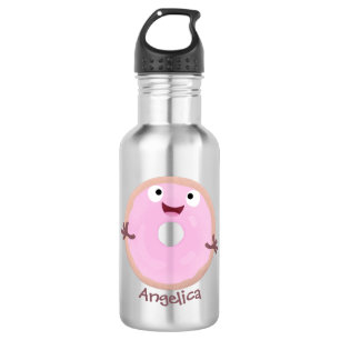 Cute happy roze glaasje donut cartoon waterfles