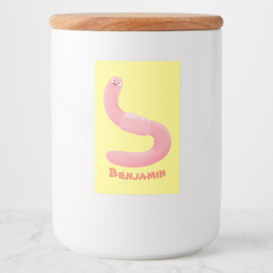 Cute happy roze regenworm cartoon voedselcontainer etiket