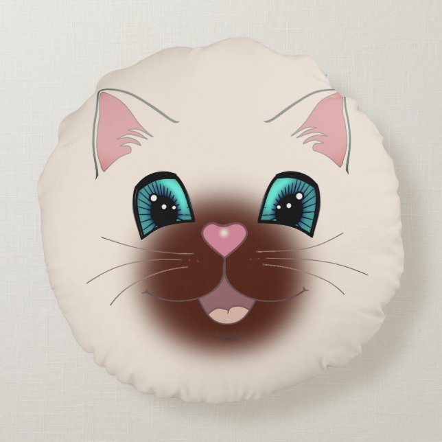 Cute Happy Siamese Cat Face Round Pillow Rond Kussen (Achterkant)