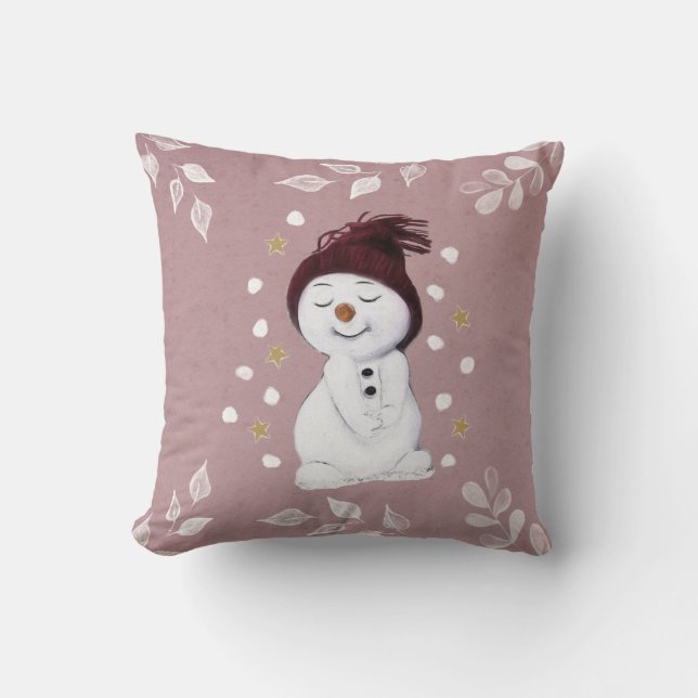 Cute Happy Snowman Pink kerstavond Kussen (Voorkant)