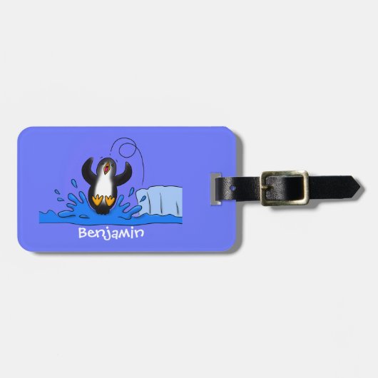 Cute happy springing pinguin cartoon illustratie bagagelabel (Voorkant horizontaal)