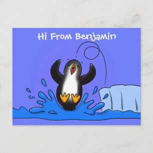 Cute happy springing pinguin cartoon illustratie briefkaart