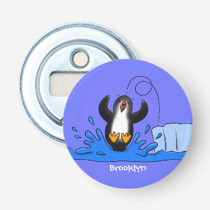 Cute happy springing pinguin cartoon illustratie button flesopener