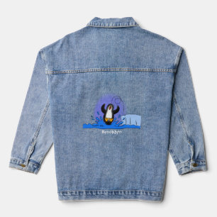 Cute happy springing pinguin cartoon illustratie denim jacket