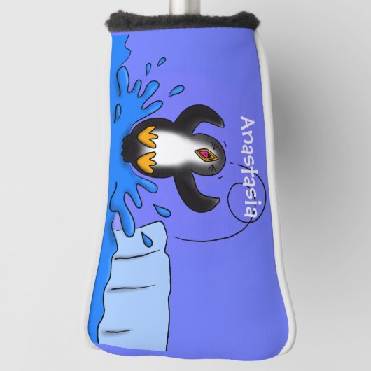 Cute happy springing pinguin cartoon illustratie golfheadcover (Draai 90)