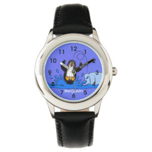 Cute happy springing pinguin cartoon illustratie horloge