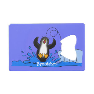 Cute happy springing pinguin cartoon illustratie kredietkaart flessenopener