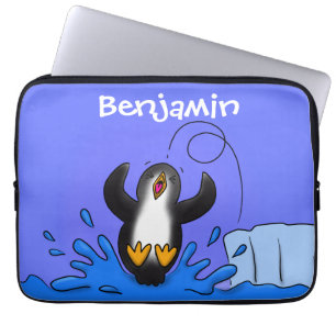Cute happy springing pinguin cartoon illustratie laptop sleeve