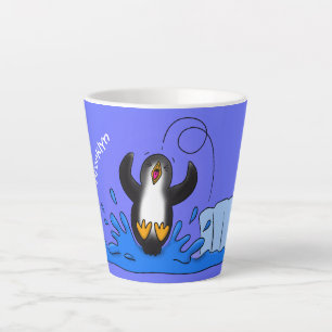 Cute happy springing pinguin cartoon illustratie latte mok