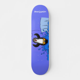 Cute happy springing pinguin cartoon illustratie skateboard