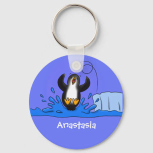 Cute happy springing pinguin cartoon illustratie sleutelhanger
