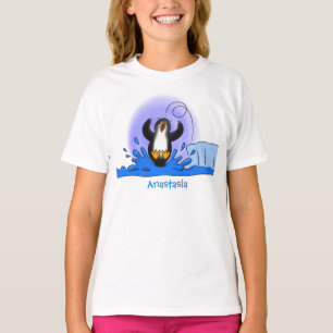 Cute happy springing pinguin cartoon illustratie t-shirt