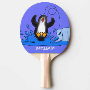 Cute happy springing pinguin cartoon illustratie tafeltennisbatje