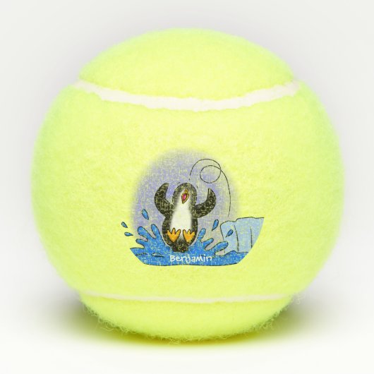 Cute happy springing pinguin cartoon illustratie tennisballen (Achterkant)