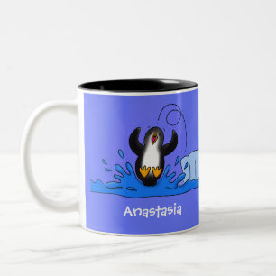 Cute happy springing pinguin cartoon illustratie tweekleurige koffiemok
