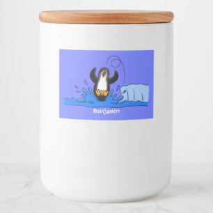 Cute happy springing pinguin cartoon illustratie voedselcontainer etiket