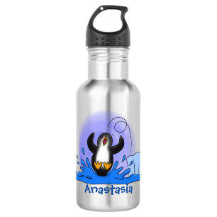 Cute happy springing pinguin cartoon illustratie waterfles 