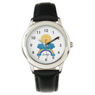 Cute happy sun wolwolk regenboog cartoon horloge