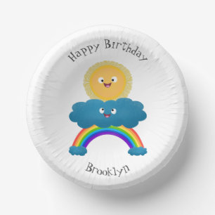 Cute happy sun wolwolk regenboog cartoon papieren kommen