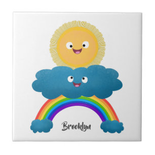 Cute happy sun wolwolk regenboog cartoon tegeltje