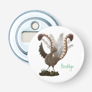 Cute happy superb lyrebird cartoon illustratie button flesopener
